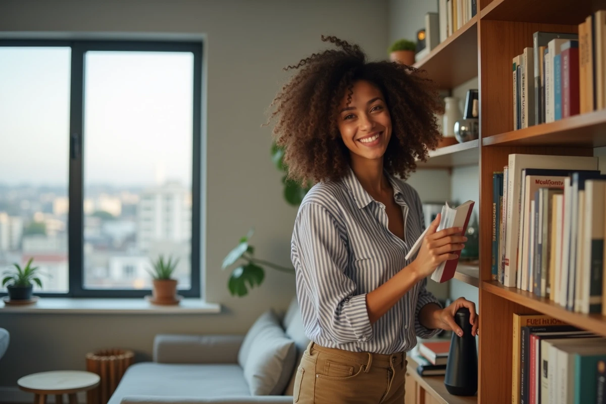 Femme souriante rangeant ses livres dans un studio moderne
