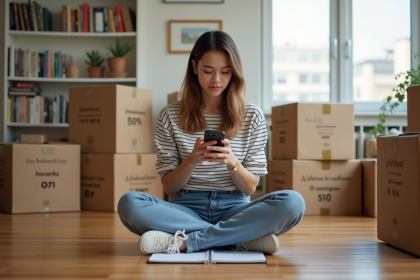 Jeune femme vérifiant son téléphone dans un salon organisé