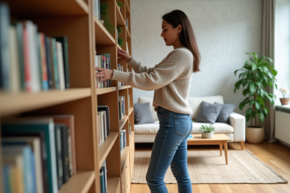 Femme arrangeant des livres sur une étagère moderne