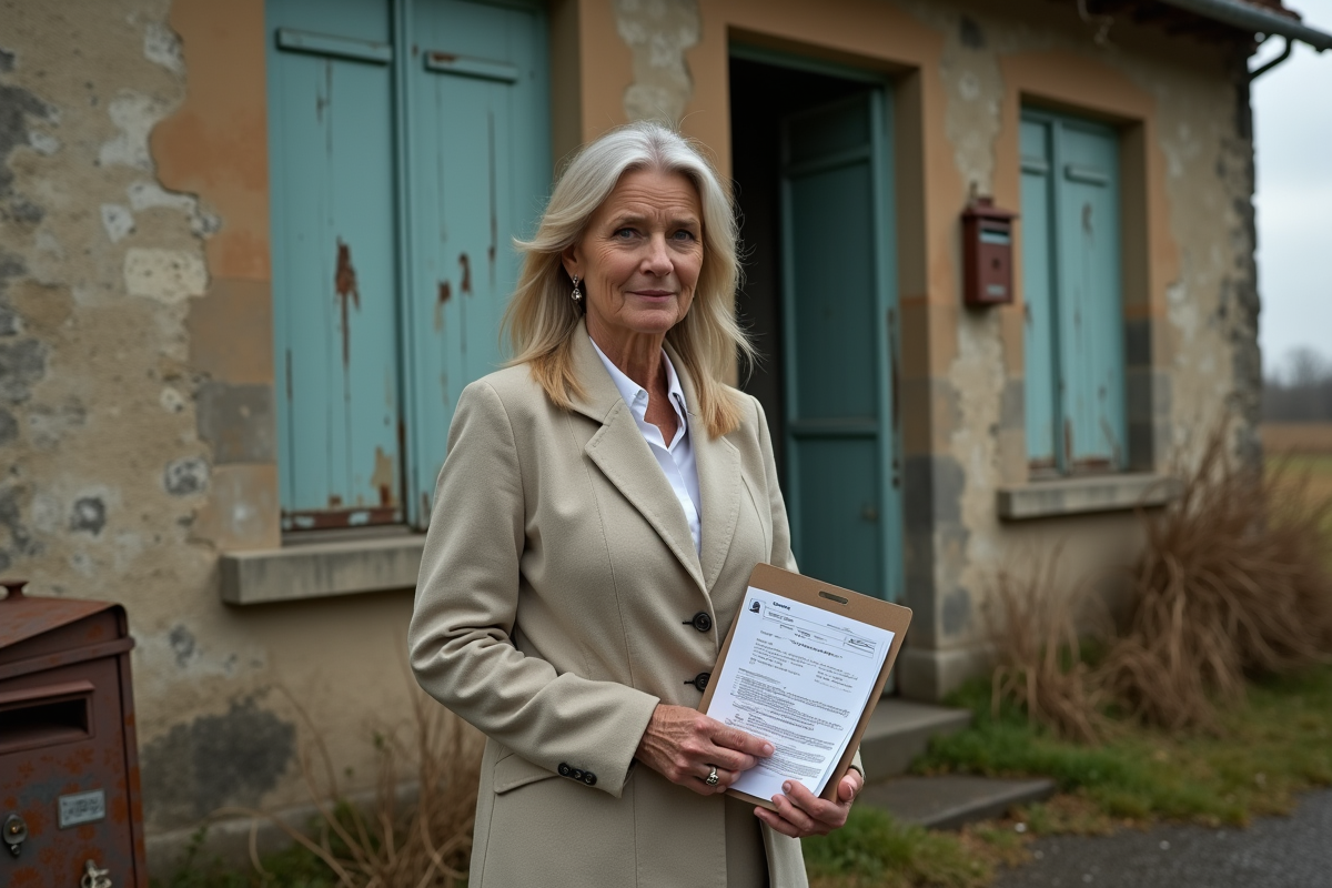 Femme d'âge moyen avec dossiers fiscaux devant maison abandonnée
