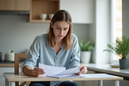 Femme d'une trentaine d'ann&eacute;es examinant des papiers dans une cuisine moderne
