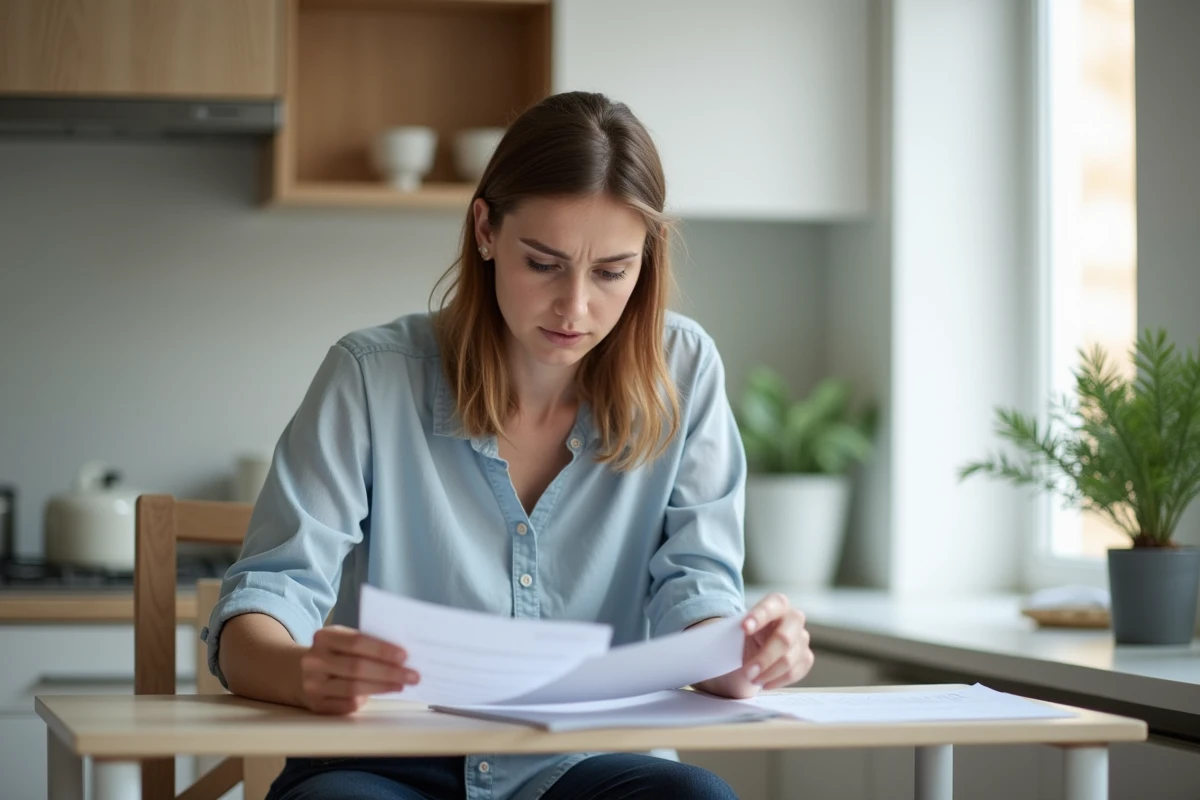 Femme d'une trentaine d'années examinant des papiers dans une cuisine moderne