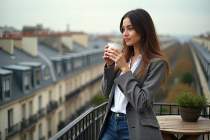 Jeune femme parisienne sirotant un caf&eacute; sur un balcon