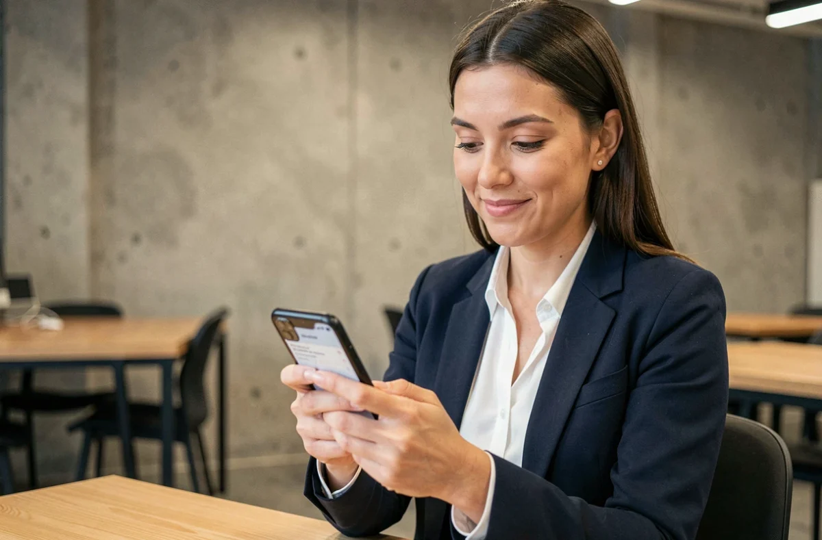 Femme professionnelle consultant une application de suivi de candidatures LOC sur son smartphone dans un espace de coworking moderne