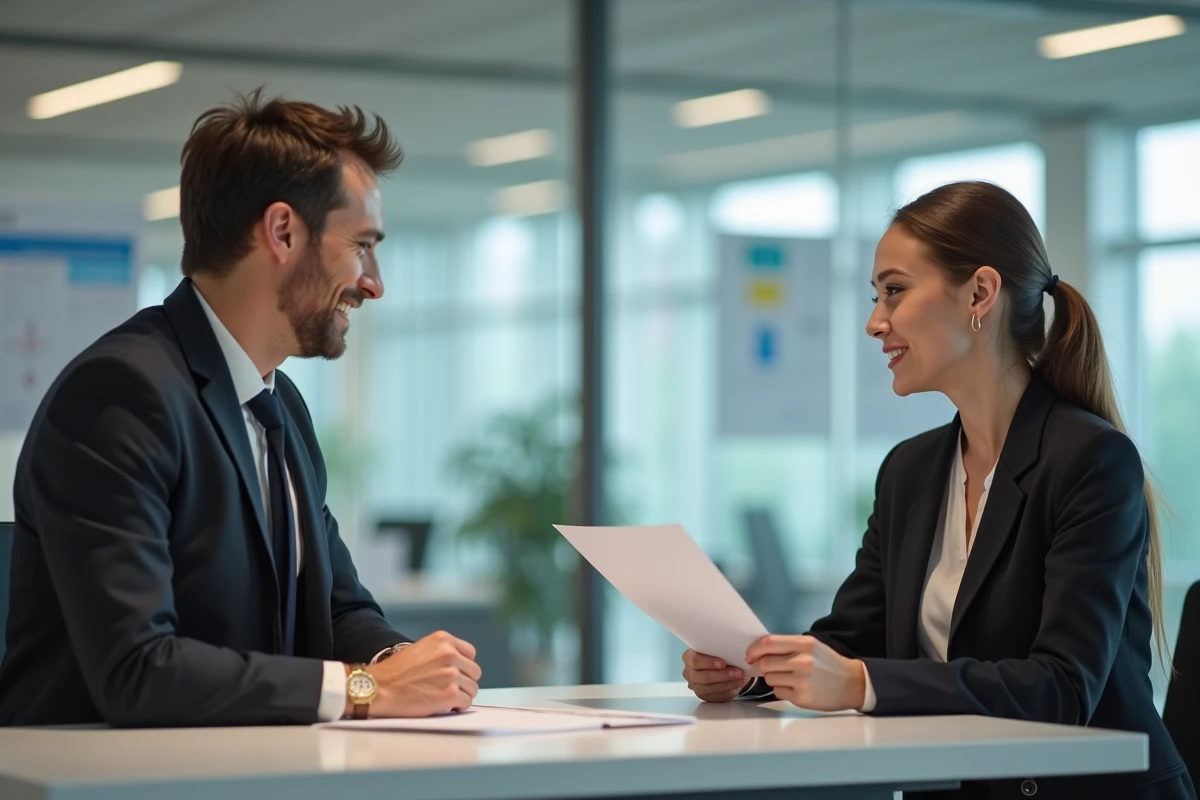 Femme en réunion avec agent administratif dans un bureau moderne