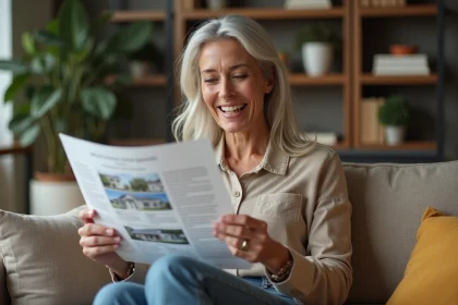 Femme d'&acirc;ge moyen consulte un rapport immobilier chez elle