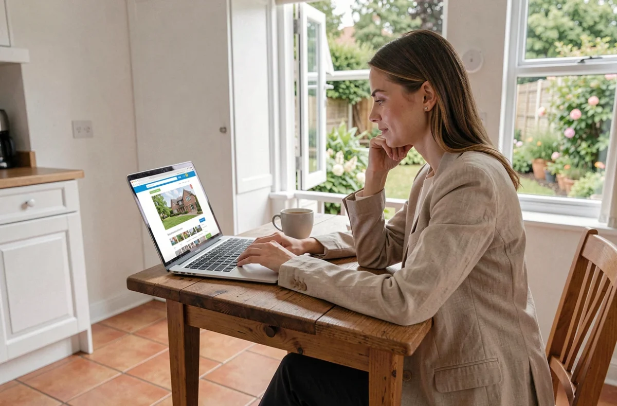 Femme consultant le site Pavillonsgalaxie.fr sur un ordinateur portable dans une cuisine de pavillon