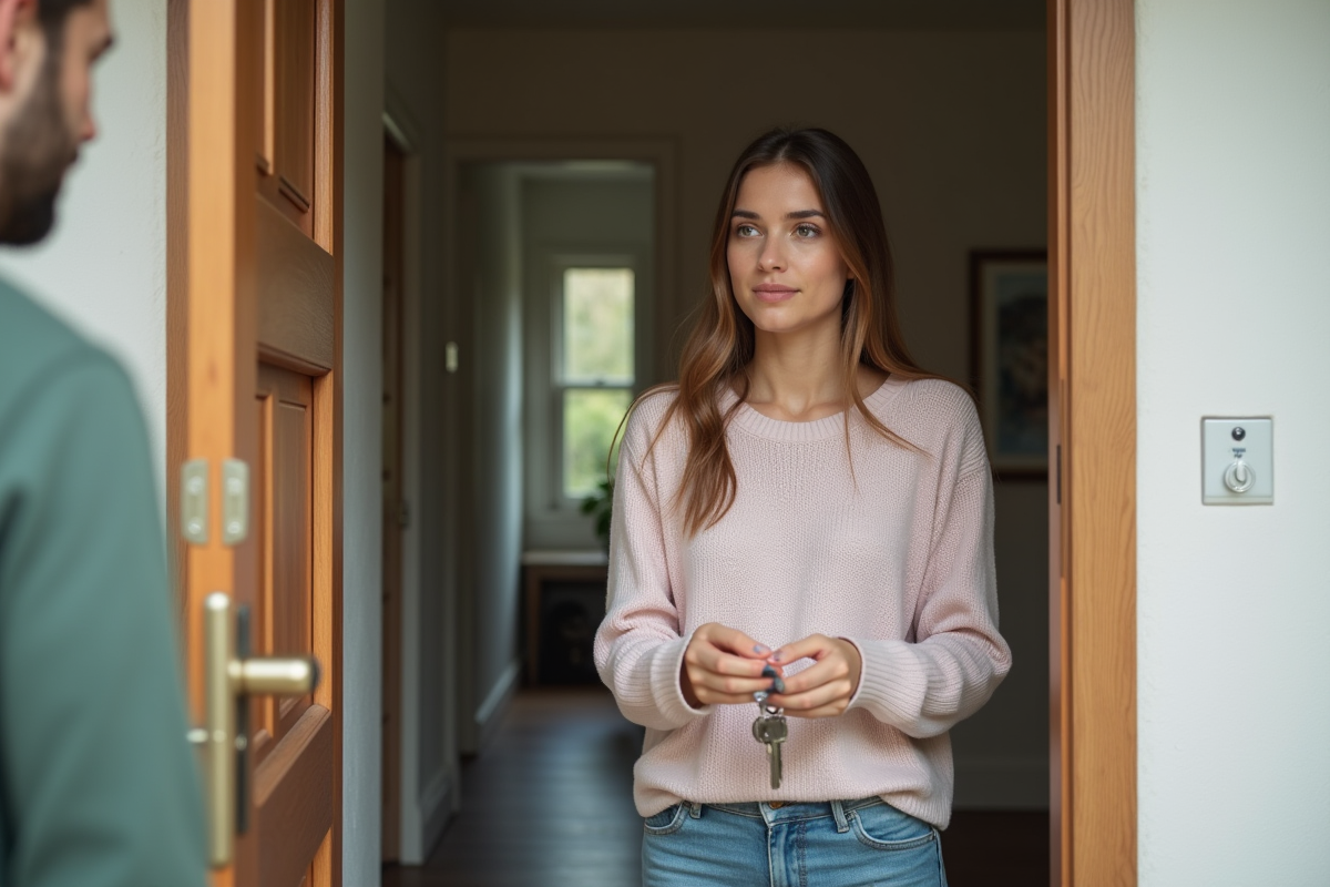 Jeune femme remet des clés devant une maison en location