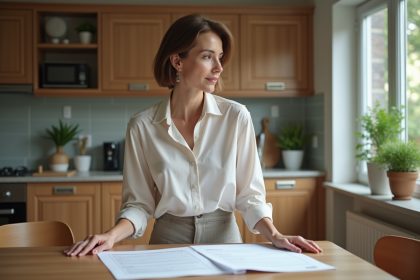 Femme d'âge moyen examine des documents immobiliers à la maison