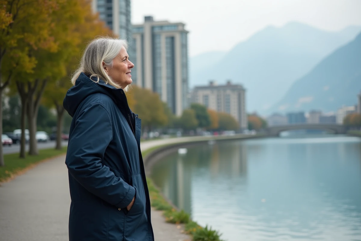 Femme en imperméable regardant la rivière Isère à Grenoble