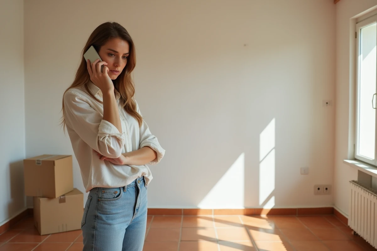 Femme seule dans un salon vide de maison à vendre dans le Gard téléphonant pour gérer une vente urgente après divorce