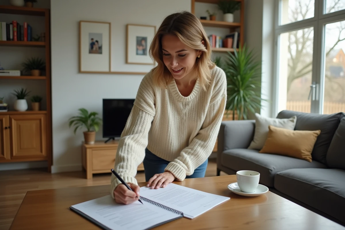 Femme signe un document d