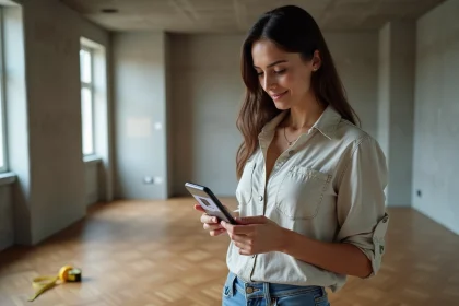 Femme utilisant une application de mesure en m2 sur smartphone dans un appartement vide avec parquet et mur en béton