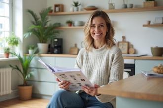 Femme souriante tenant un dossier immobilier dans une cuisine moderne