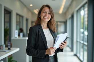 Femme souriante tenant documents de pret dans une banque