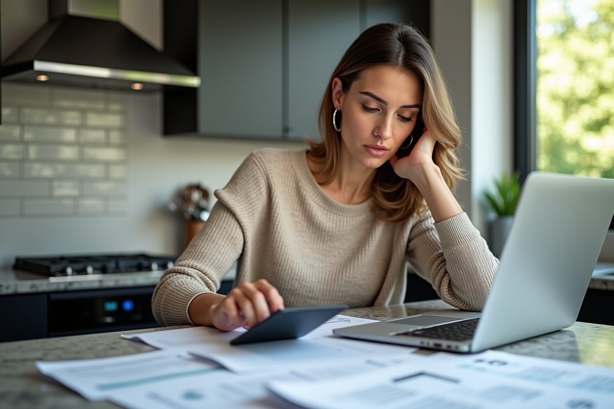 Femme de quarantaine utilisant un calculateur et documents