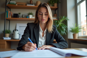 Femme concentrée travaillant dans un bureau moderne