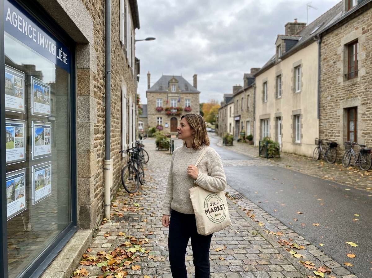 Femme se promenant dans le centre d'un village d'Ille-et-Vilaine devant une agence immobilière
