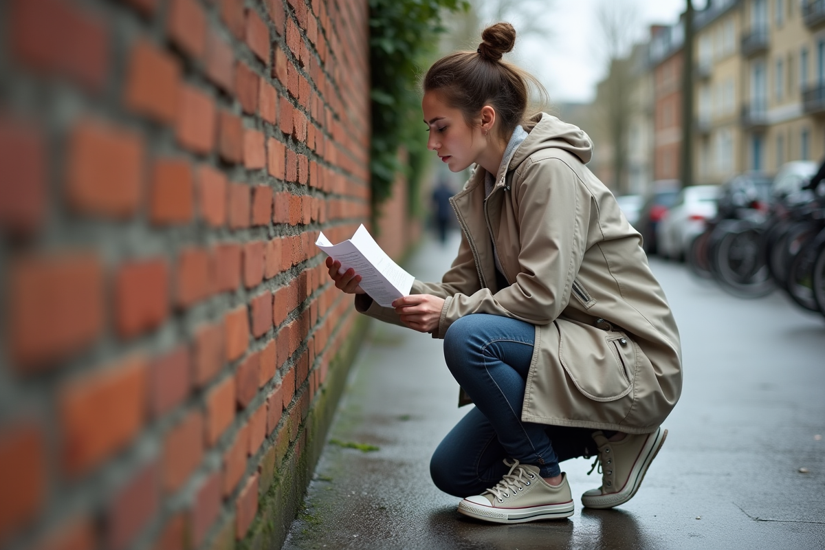 Jeune femme examinant un mur en brique avec document