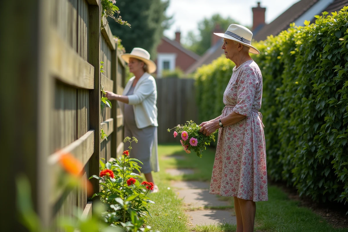 Deux femmes &acirc;g&eacute;es observant leur jardin s&eacute;par&eacute;es par une cl&ocirc;ture en bois
