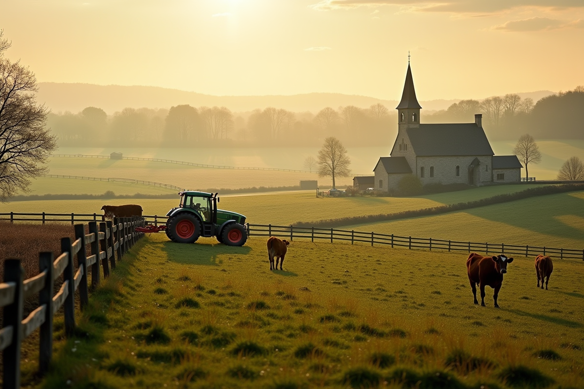 Paysage agricole avec tracteurs et étable au matin