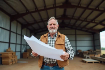 Fermeur avec plan devant hangar agricole moderne