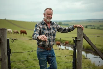 Ferme avec fermier souriant dans un grand paysage vert
