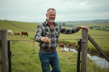 Ferme avec fermier souriant dans un grand paysage vert