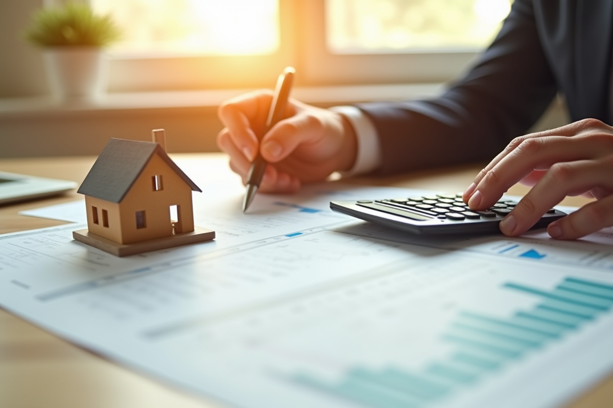 Main utilisant une calculatrice et documents financiers avec maison miniature