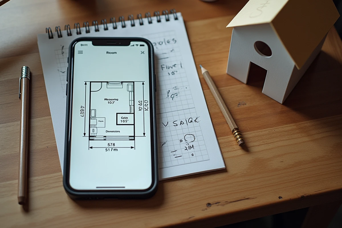 Vue aérienne d'un smartphone affichant une application de calcul de surface en m2 posé sur un bureau en bois avec notes manuscrites et crayon