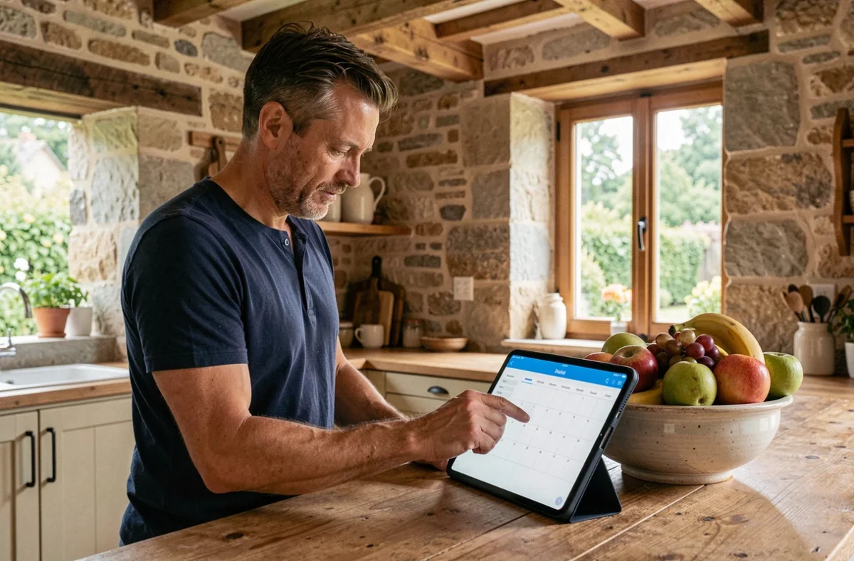 Propriétaire de gîte rural consultant un planning de disponibilités sur tablette dans une cuisine en pierre rénovée