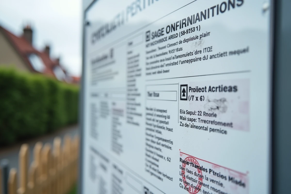 Gros plan sur un panneau d'affichage de permis de construire avec informations manquantes ou illisibles