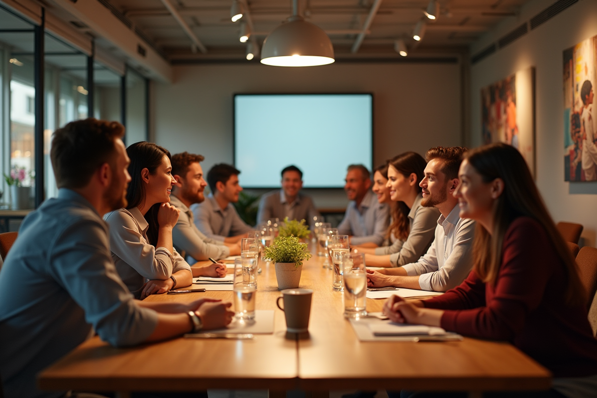 Groupe d'adultes en réunion dans une salle moderne