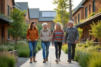 Groupe de quatre personnes dans un ecoquartier moderne
