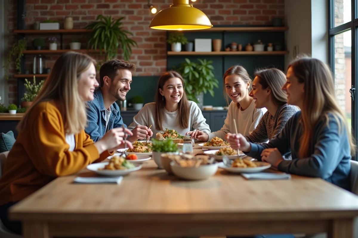 Groupe d'étudiants partageant un repas dans un espace moderne