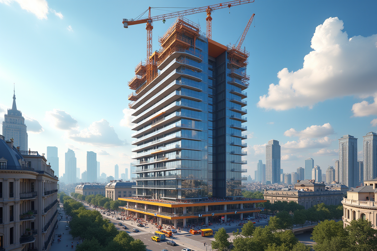 Immeuble de luxe en construction dans un quartier animé avec grues et ouvriers