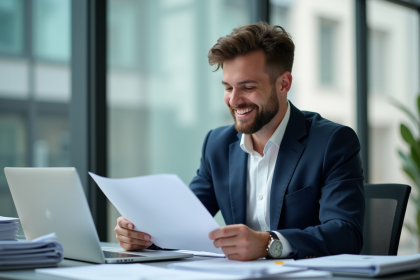 Homme en costume analysant des documents de location
