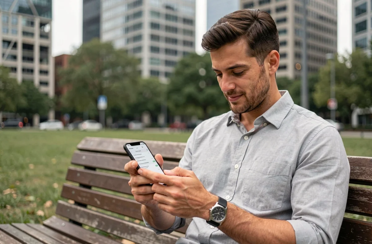 Jeune homme consultant ses candidatures d'emploi sur une application mobile LOC dans un parc urbain