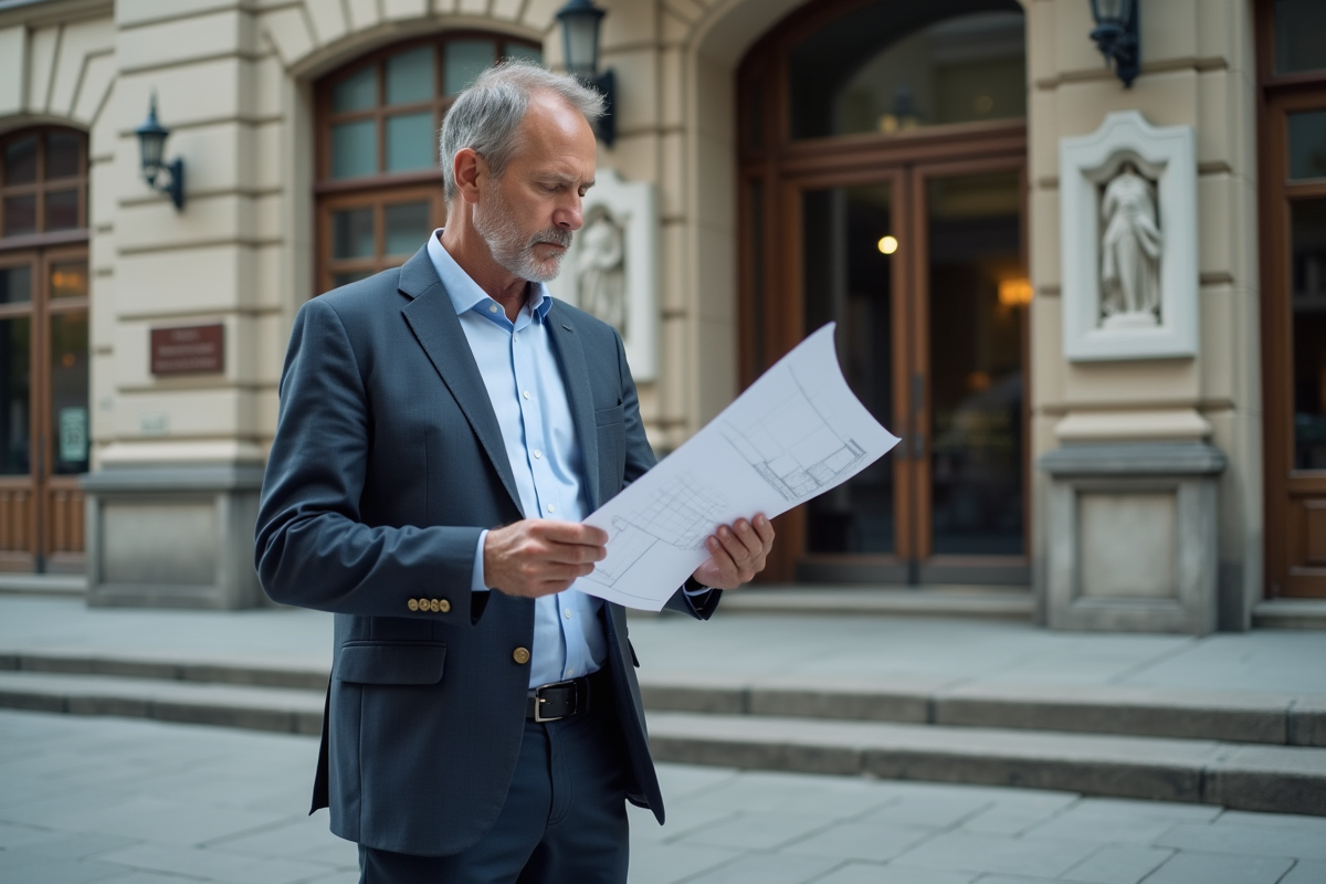 Homme d'âge moyen examinant un plan architectural devant un bâtiment