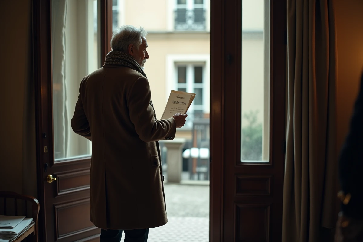 Homme tenant une lettre de pr&eacute;avis devant la porte d