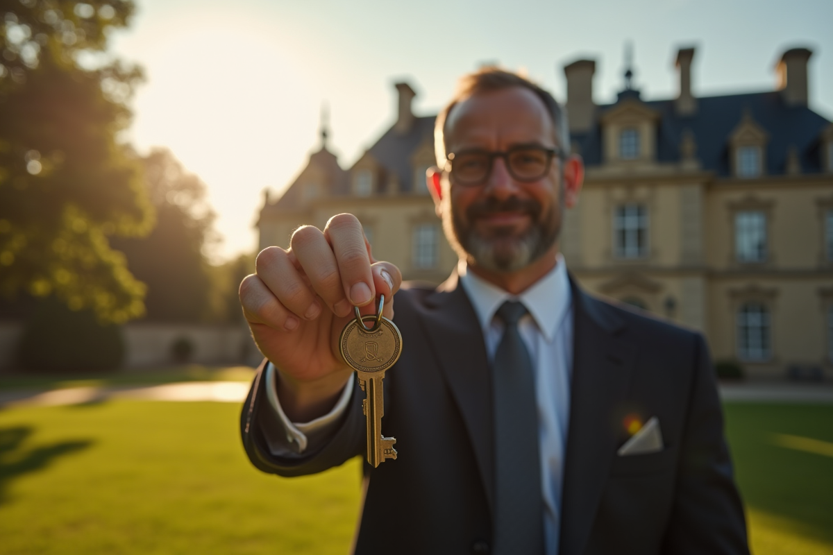 Homme d'affaires avec clés devant un château français