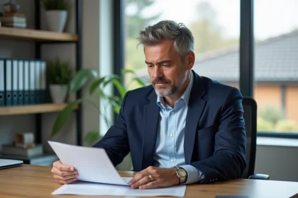 Homme en costume examine un contrat d'assurance au bureau