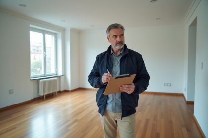 Homme d'âge moyen en veste navy examine un appartement vide