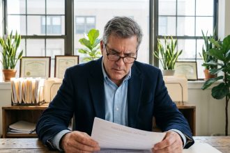 Homme d'âge moyen en blazer bleu examine des contrats de location