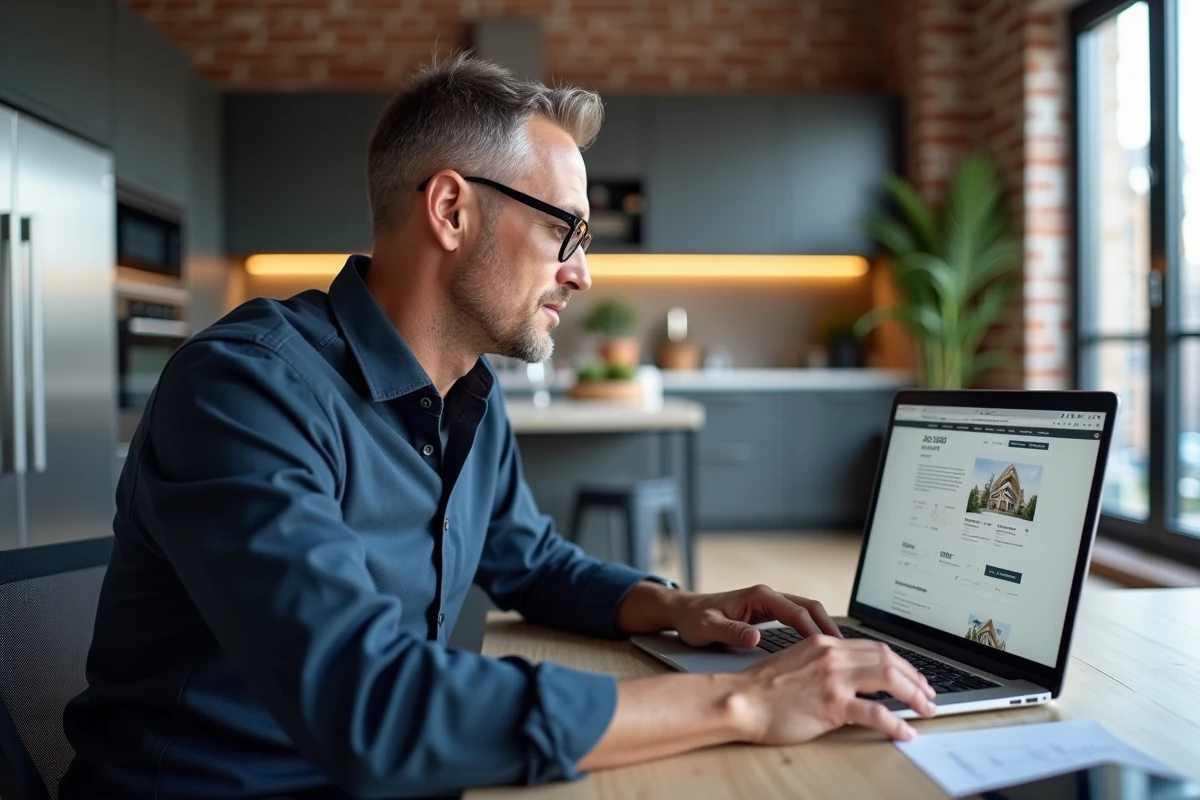 Homme consultant un site d'estimation immobilière gratuite pour appartement de standing sur ordinateur portable