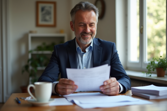 Homme français d'âge moyen examine des documents d'assurance dans une cuisine