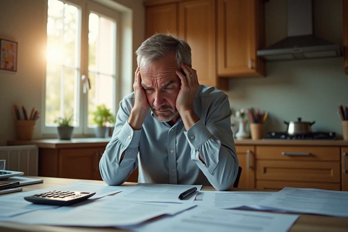 Homme inquiet à la cuisine avec contrats et calculatrice