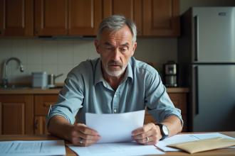 Homme d'âge moyen lisant un avis de logement dans une cuisine