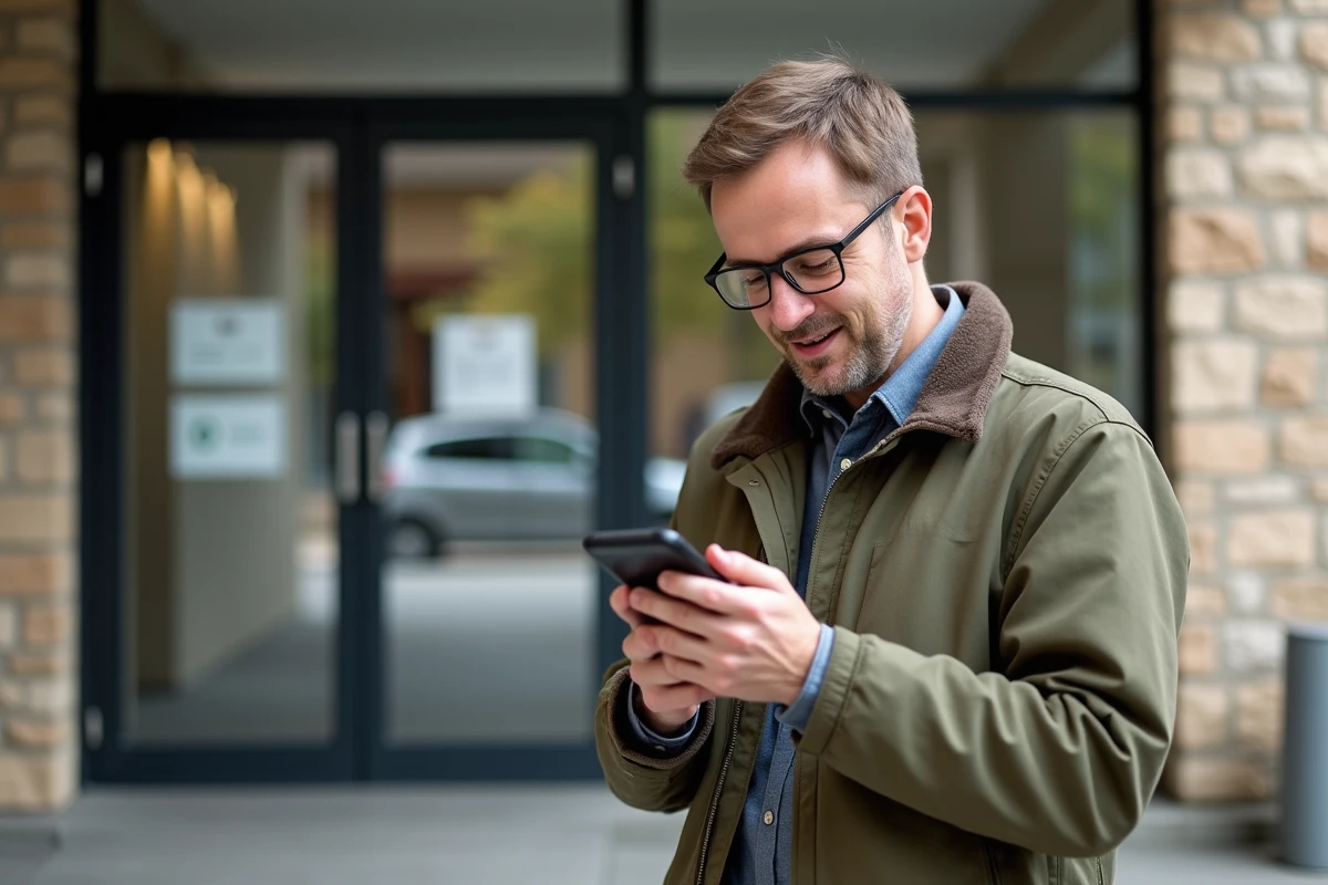 Homme regardant son smartphone devant la mairie de Cluses