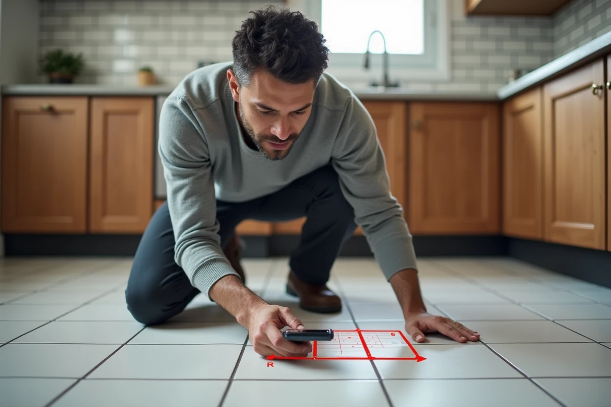 Homme en train de scanner le sol d'une cuisine avec son smartphone pour mesurer la superficie en mètres carrés